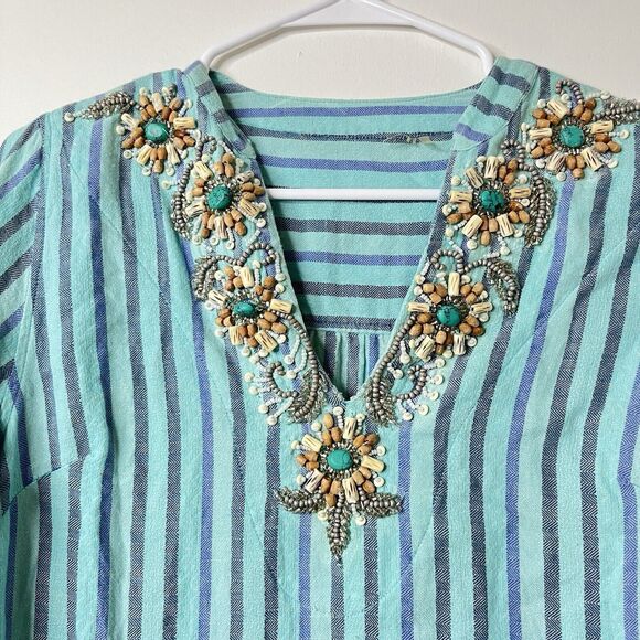 Soft Surroundings Womens Aqua Blue Striped Tortola Beaded V-neck Blouse Size S - Picture 5 of 10